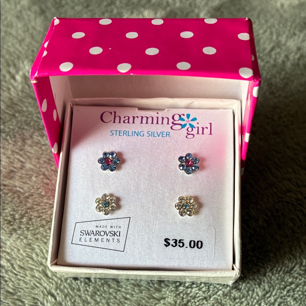 BOGO FREE- 2 Pairs Of Sterling Silver Flower Post Earrings w/ Swarovski Crystals